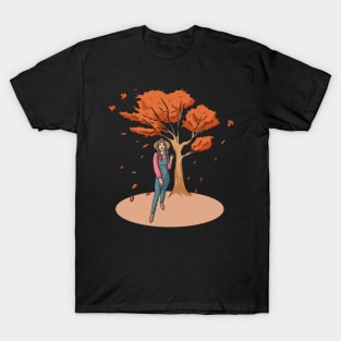 Woman Next To Tree Autumn Nature Brown Leaves T-Shirt